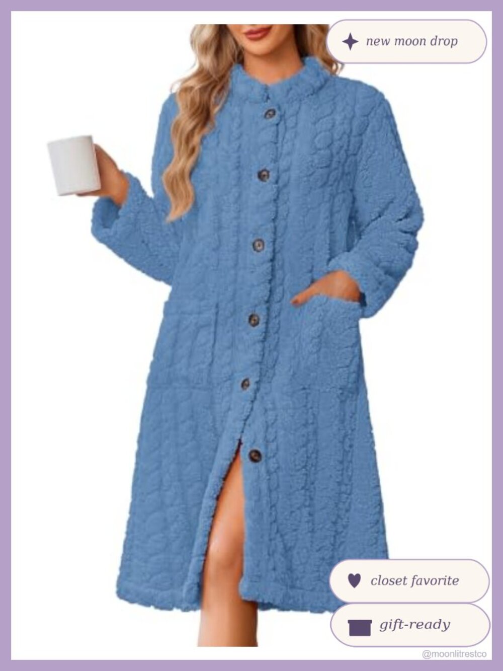 Ekouaer Plush Fleece Jacquard Robe Housecoat Pockets Knee Length Sleepwear